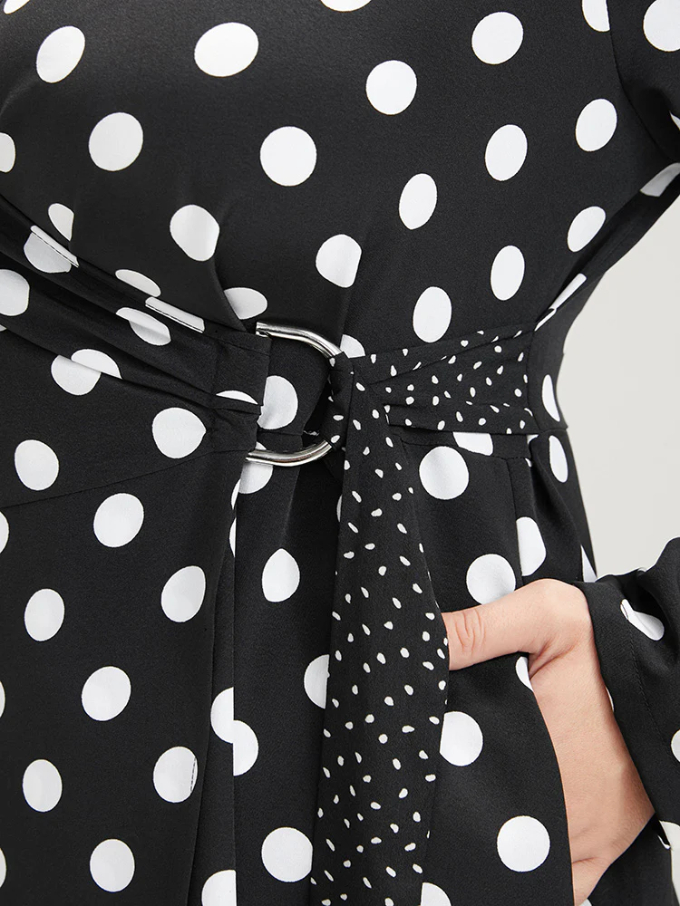 Polka Dot Surplice Neck Tie Side Pocket Ruffle Hem Dress - Image 6