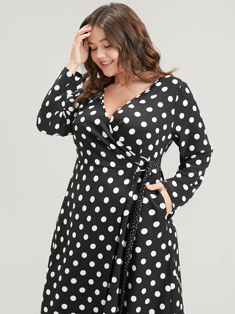 Polka Dot Surplice Neck Tie Side Pocket Ruffle Hem Dress - Image 7