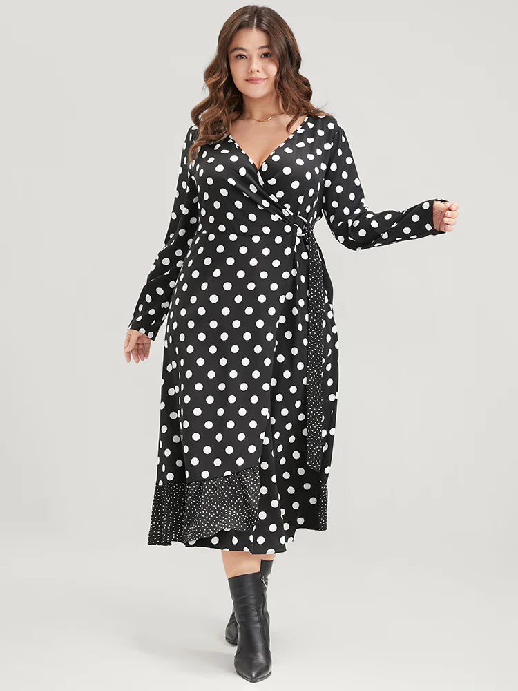 Polka Dot Surplice Neck Tie Side Pocket Ruffle Hem Dress - Image 9