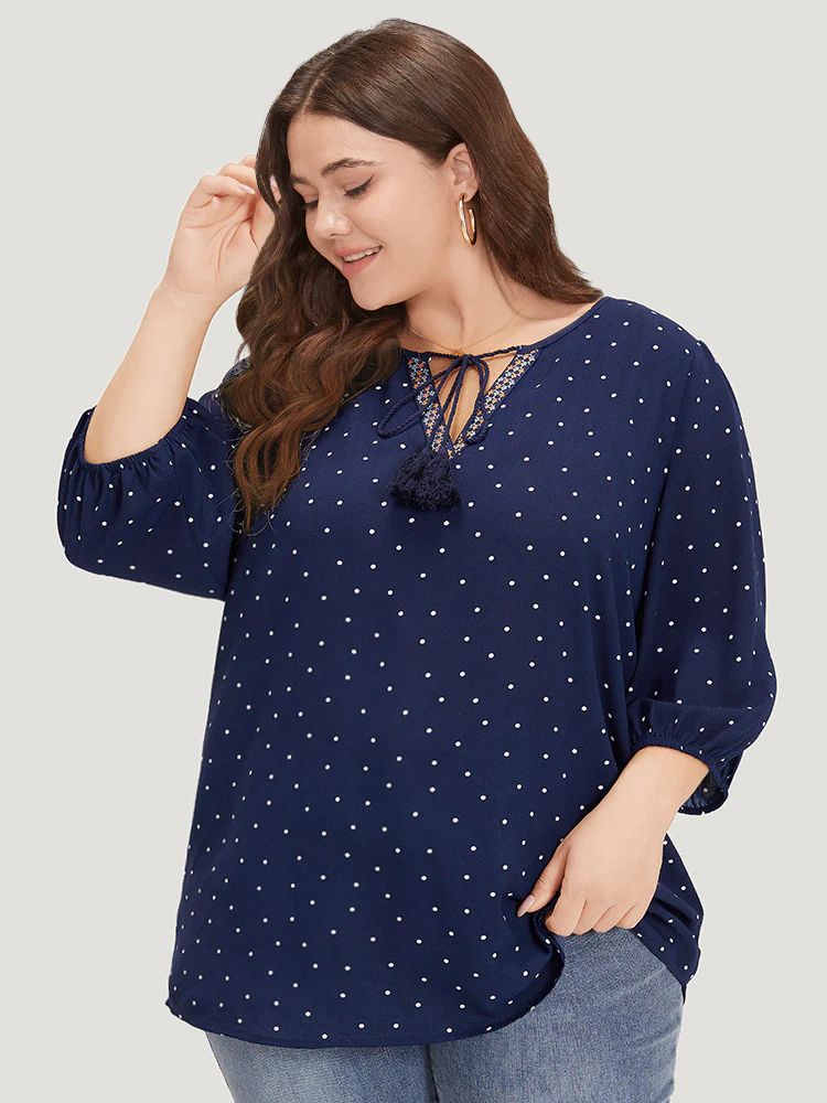Polka Dot Tassels Ties Elastic Cuffs Blouse - Image 2