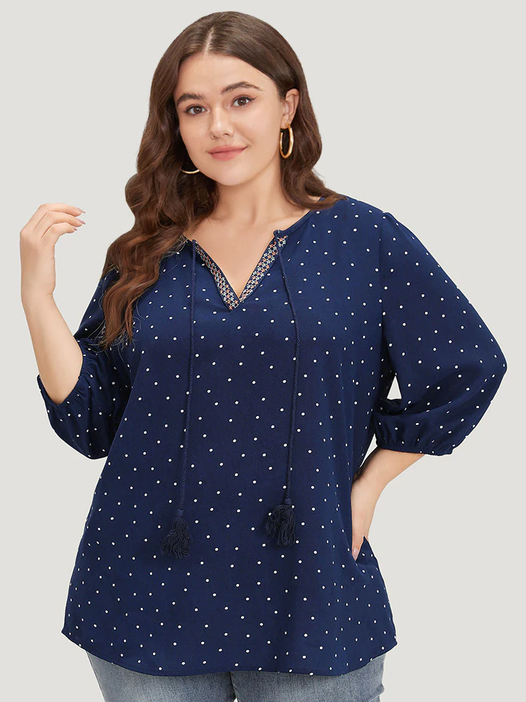 Polka Dot Tassels Ties Elastic Cuffs Blouse - Image 3