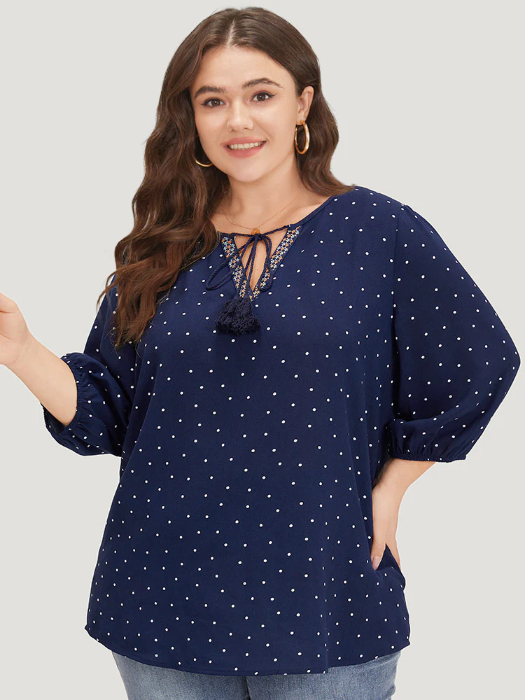 Polka Dot Tassels Ties Elastic Cuffs Blouse - Image 5