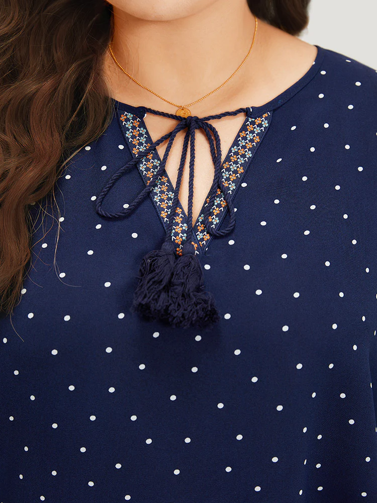 Polka Dot Tassels Ties Elastic Cuffs Blouse - Image 7