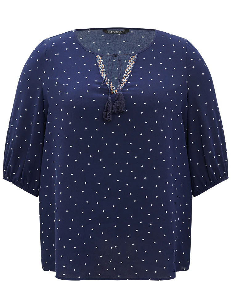 Polka Dot Tassels Ties Elastic Cuffs Blouse - Image 8