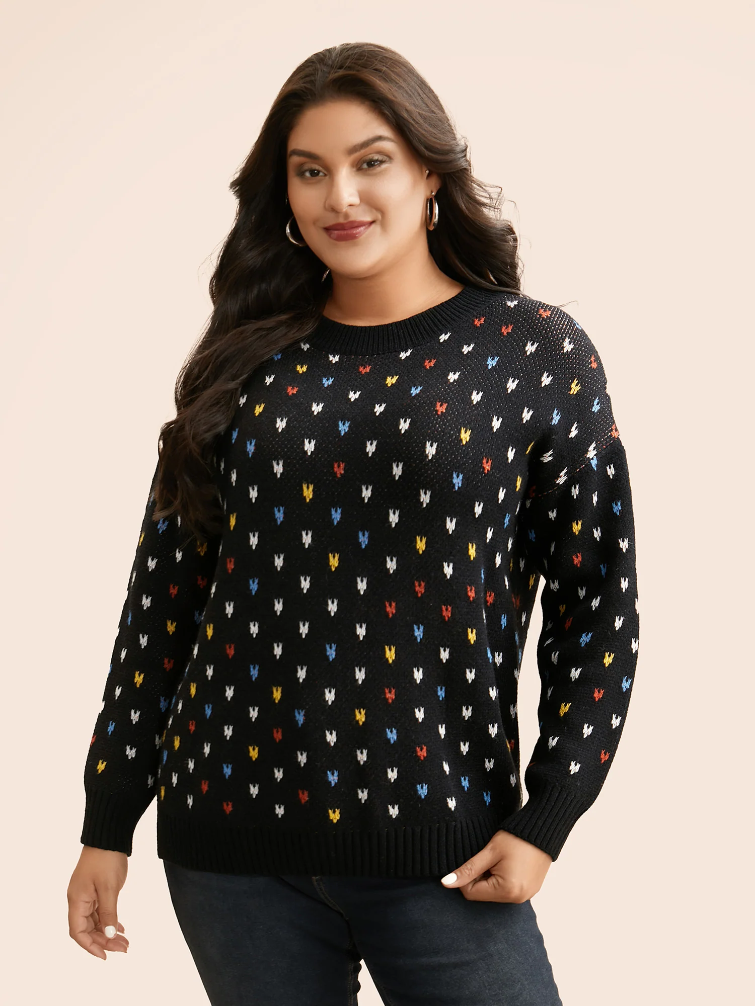 Polka Dot Texture Split Hem Pullover - Image 3