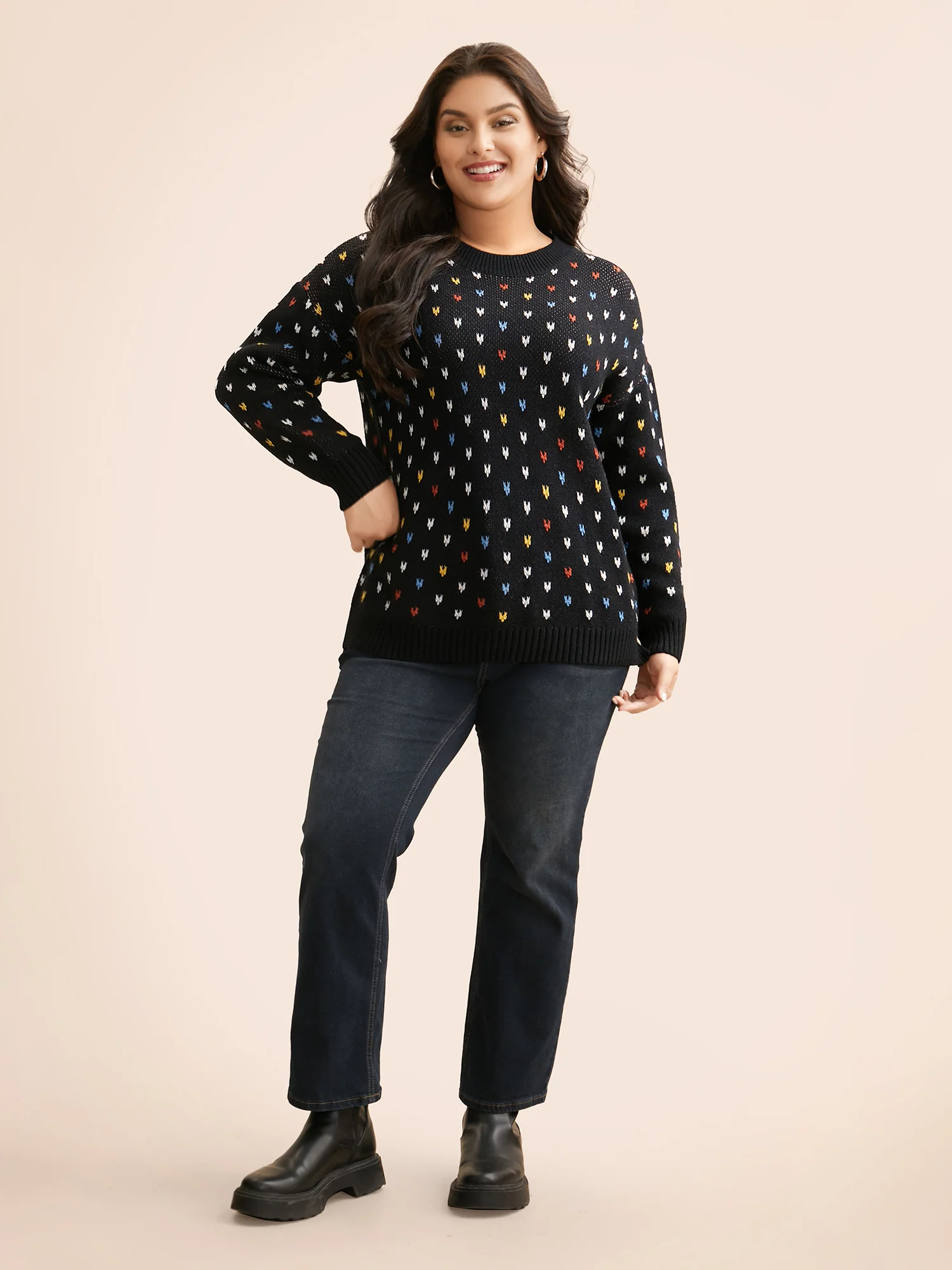 Polka Dot Texture Split Hem Pullover - Image 4