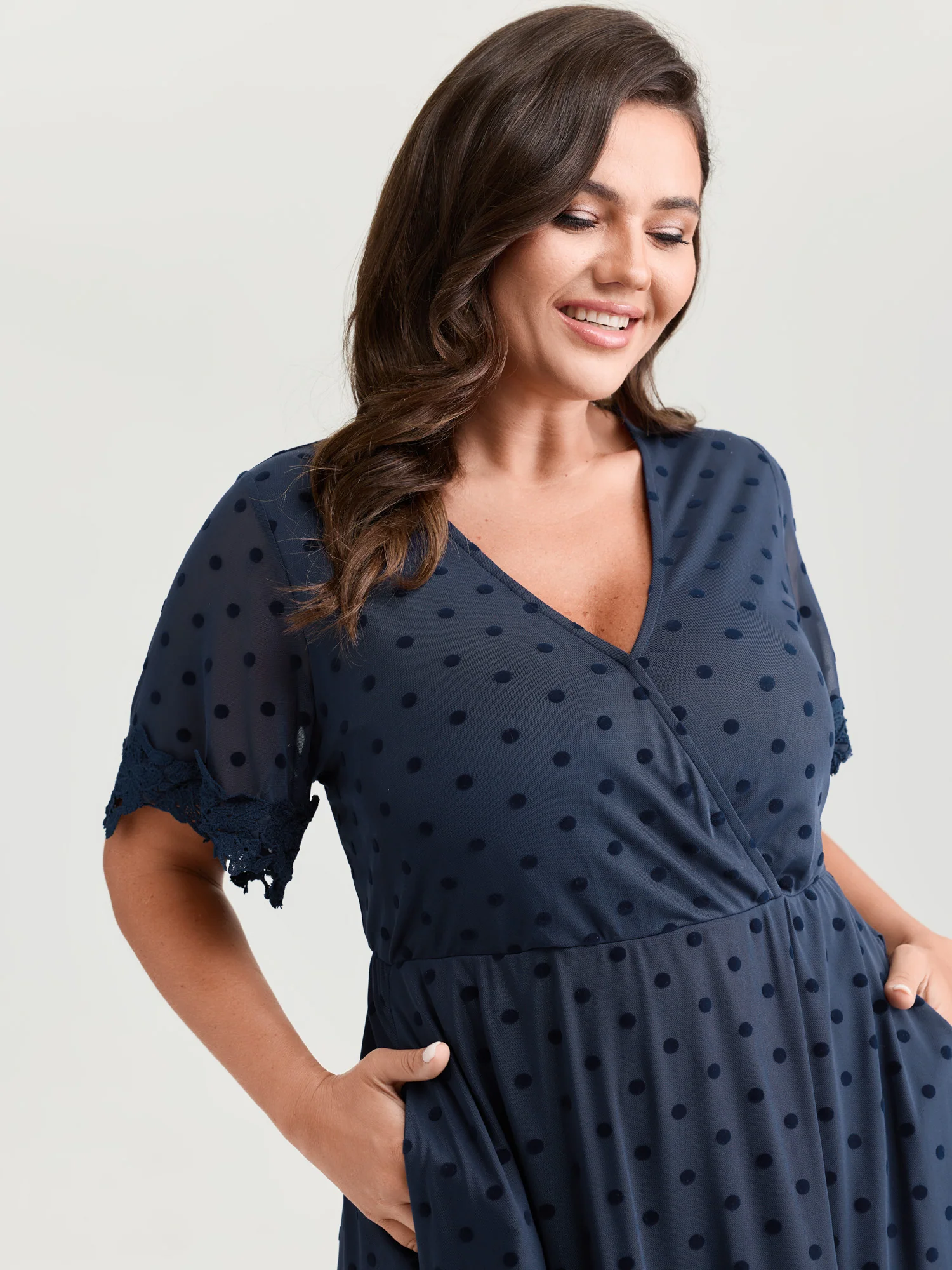 Polka Dot Textured Lace Trim Mini Dress - Image 2