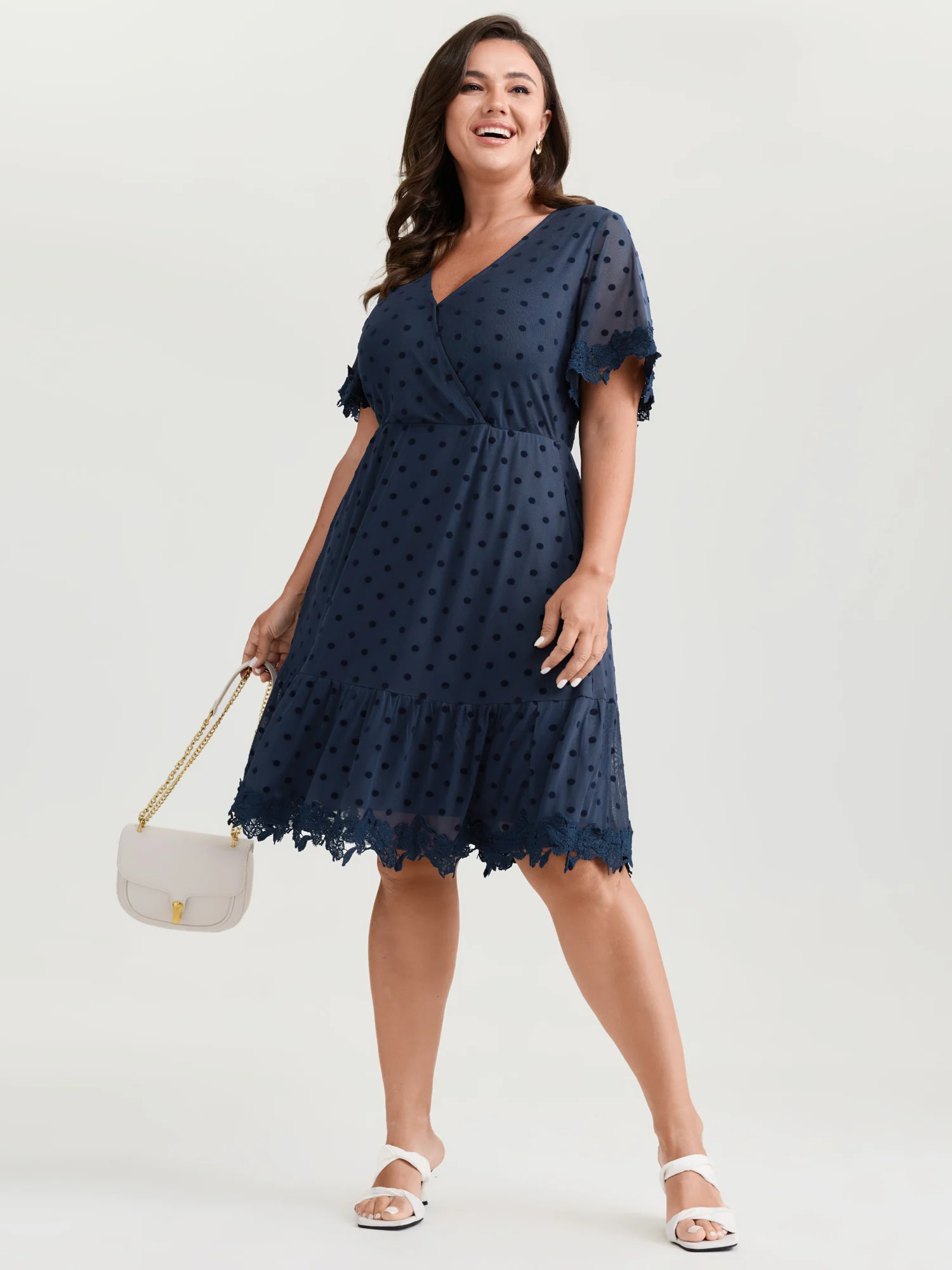 Polka Dot Textured Lace Trim Mini Dress - Image 3