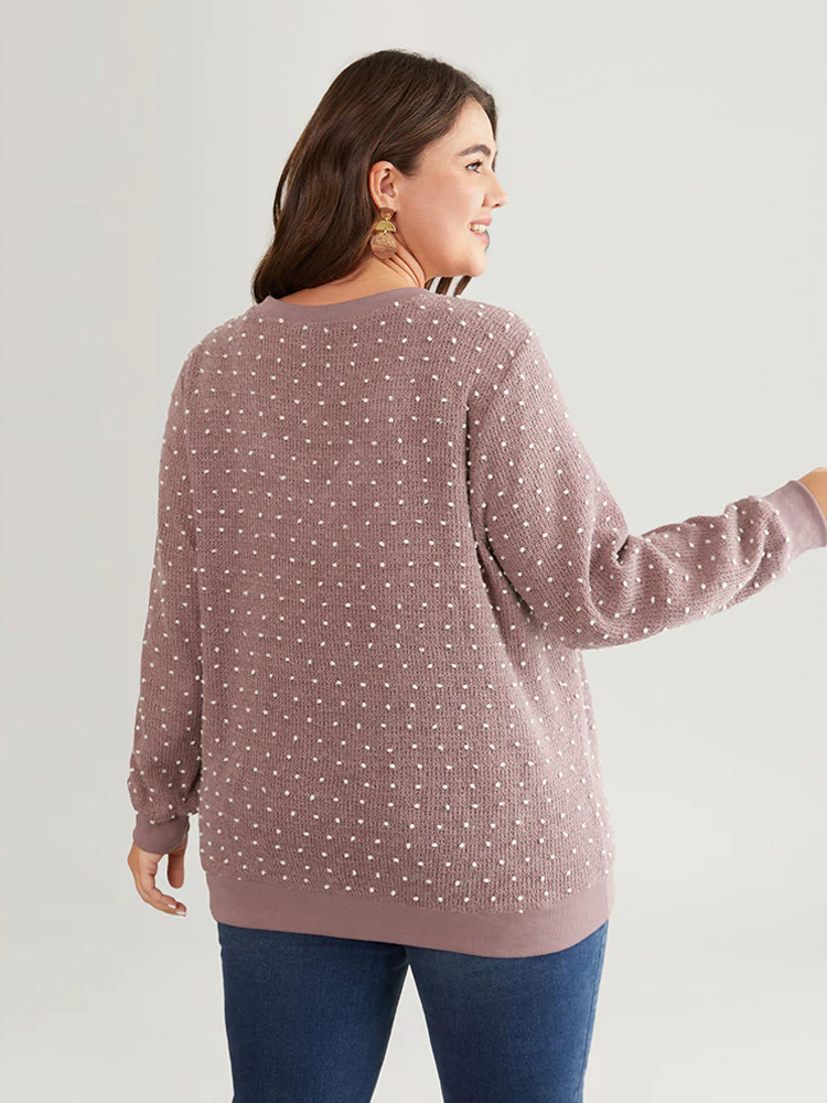 Polka Dot Textured V Neck Rib Knit Sweatshirt - Image 2