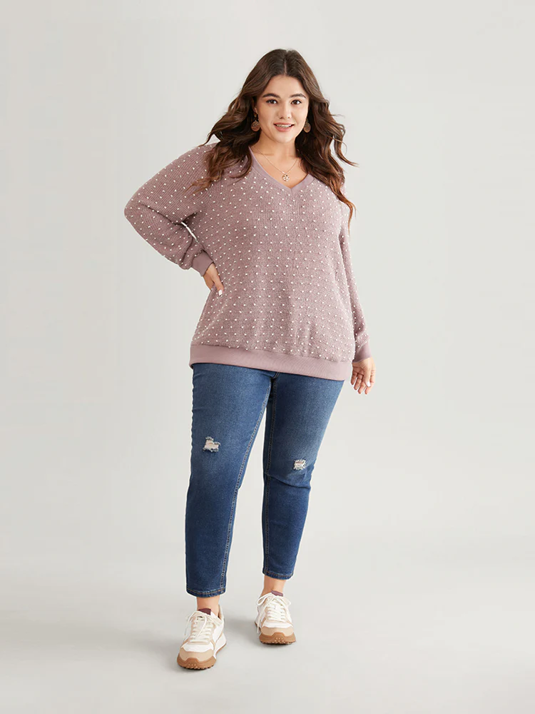 Polka Dot Textured V Neck Rib Knit Sweatshirt - Image 3