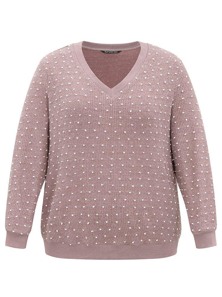 Polka Dot Textured V Neck Rib Knit Sweatshirt - Image 5