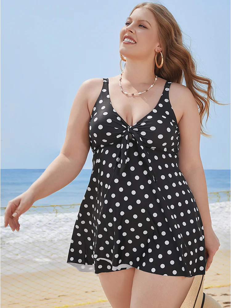 Polka Dot Twist Front Adjustable Straps Swim Dress - Image 4