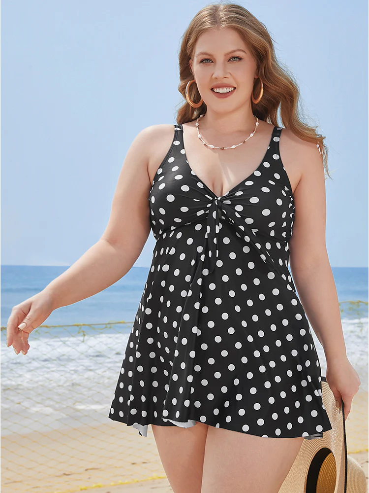 Polka Dot Twist Front Adjustable Straps Swim Dress - Image 5