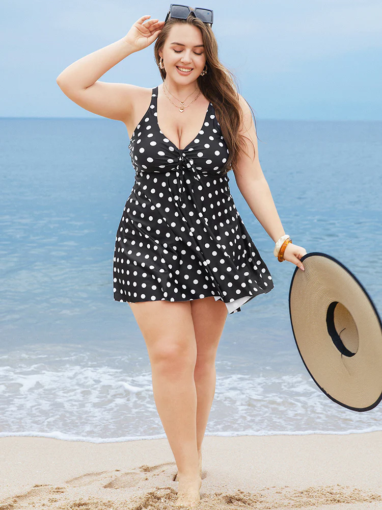 Polka Dot Twist Front Adjustable Straps Swim Dress - Image 8