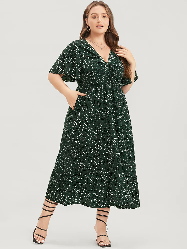 Polka Dot Twist Front Pocket Flutter Hem Dress - Image 2