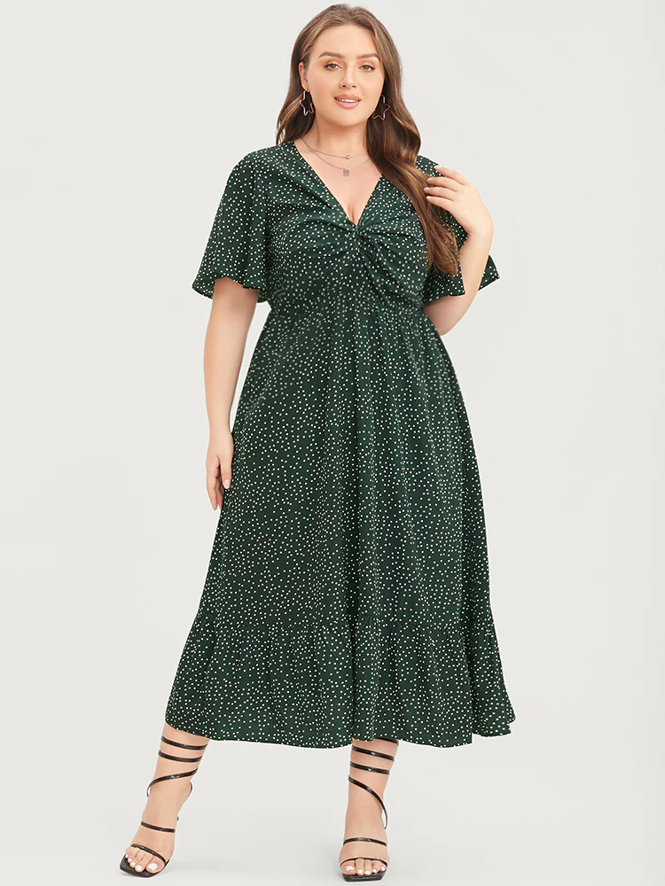 Polka Dot Twist Front Pocket Flutter Hem Dress - Image 4