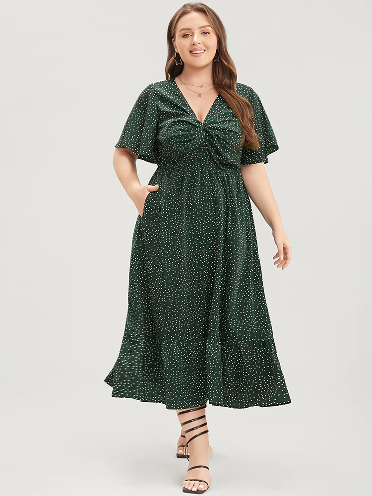 Polka Dot Twist Front Pocket Flutter Hem Dress - Image 5