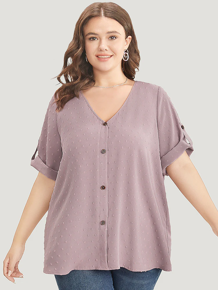 Polka Dot V Neck Button Detail Cuffed Sleeve Blouse - Image 2