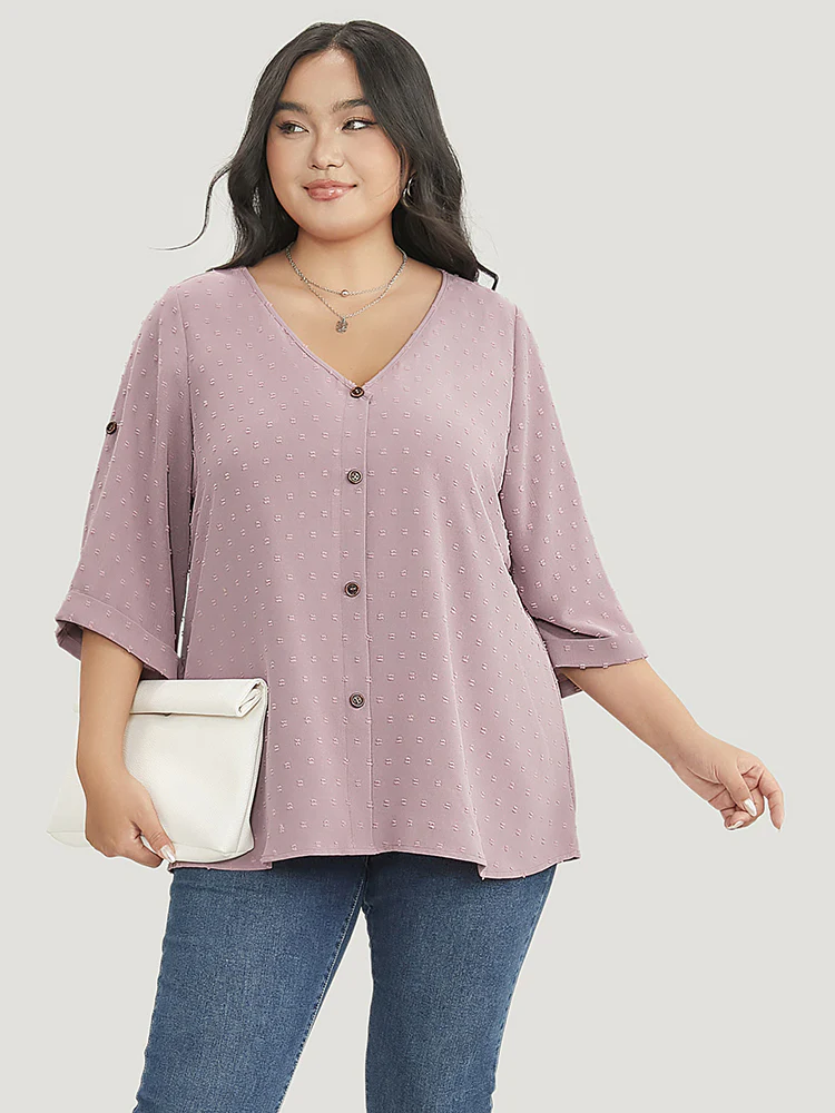 Polka Dot V Neck Button Detail Cuffed Sleeve Blouse - Image 3