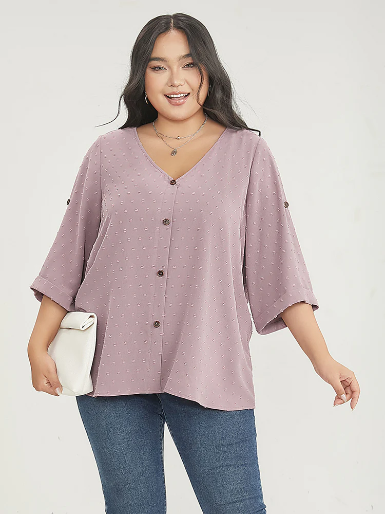 Polka Dot V Neck Button Detail Cuffed Sleeve Blouse - Image 4