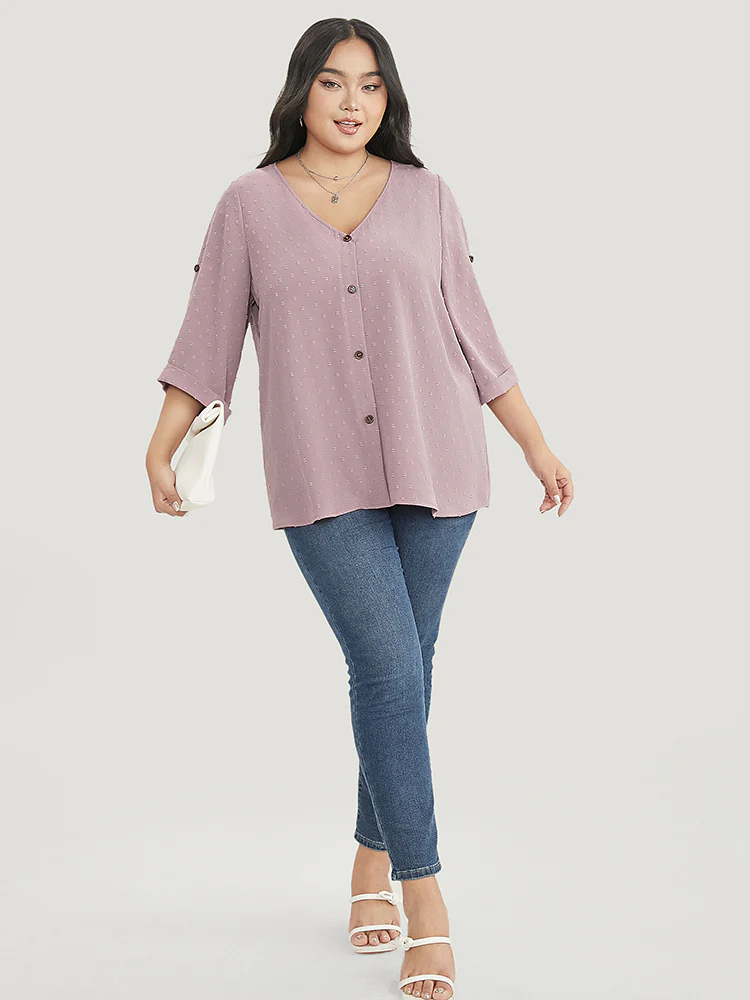 Polka Dot V Neck Button Detail Cuffed Sleeve Blouse - Image 5