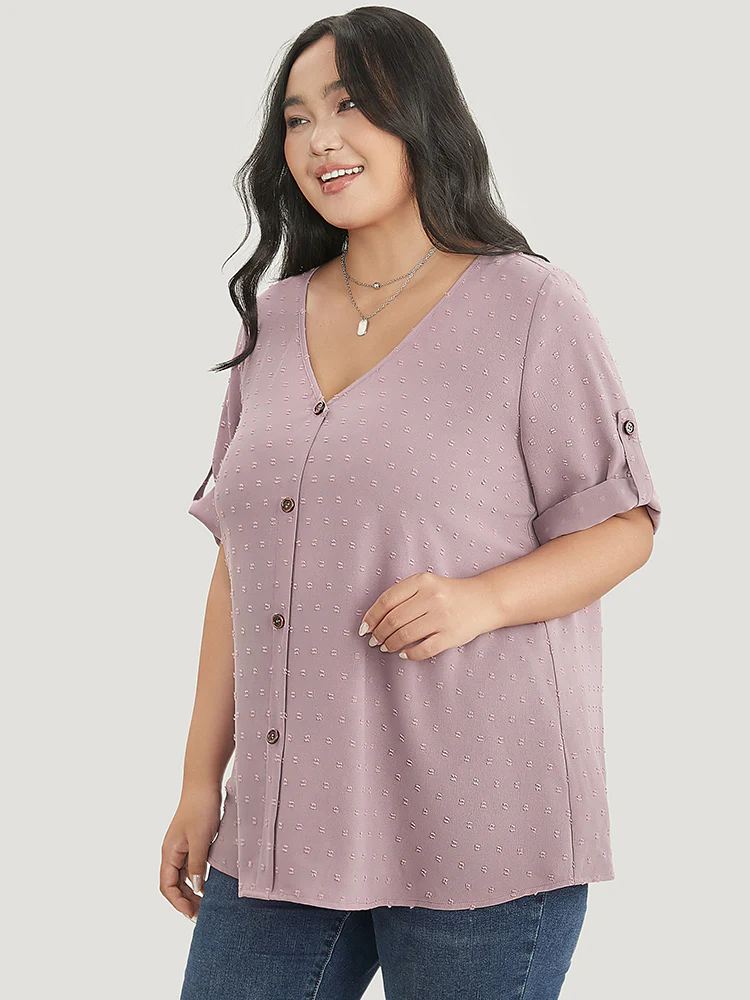 Polka Dot V Neck Button Detail Cuffed Sleeve Blouse - Image 7