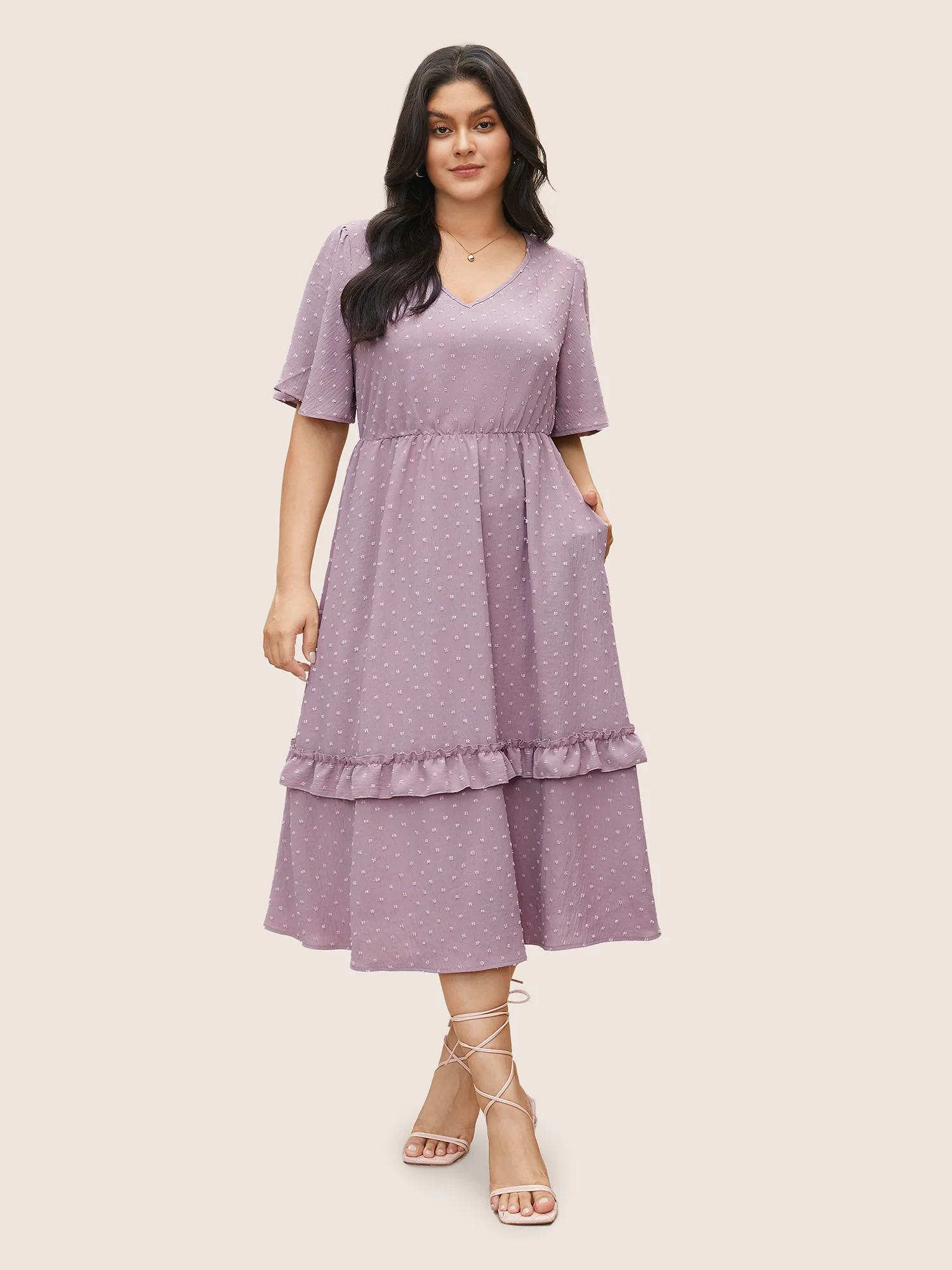 Polka Dot V Neck Pocket Ruffle Midi Dress - Image 2