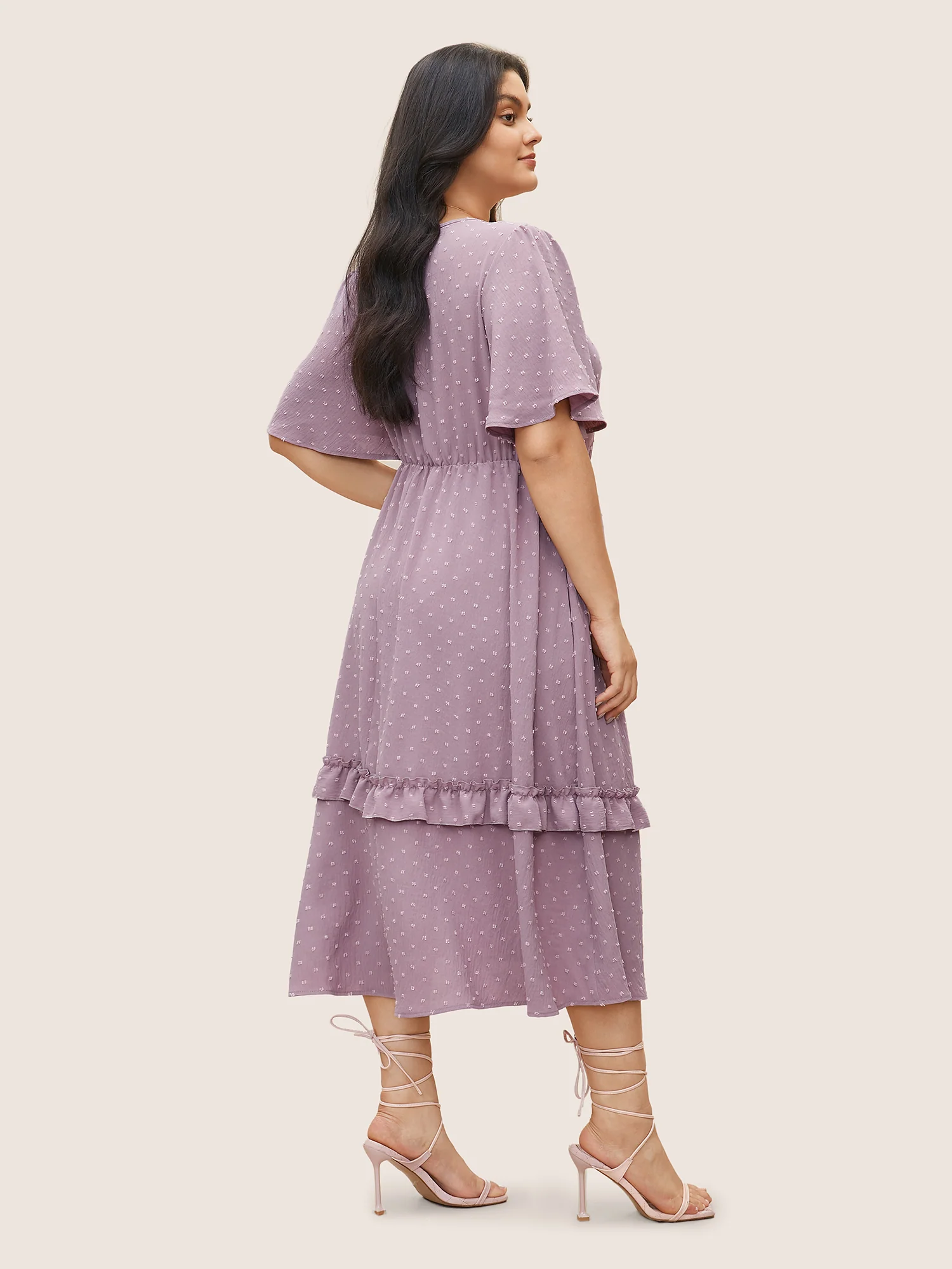 Polka Dot V Neck Pocket Ruffle Midi Dress - Image 3
