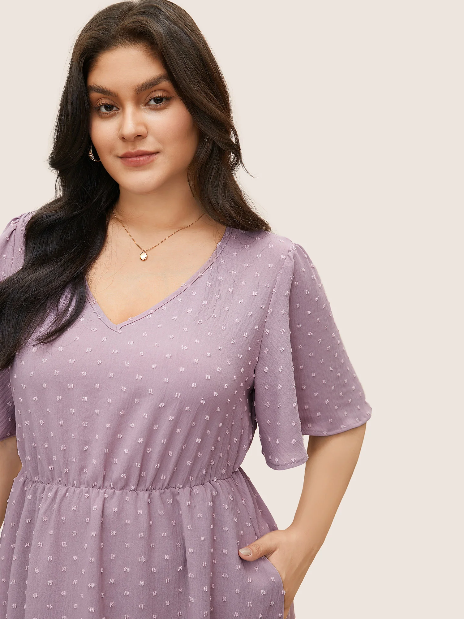 Polka Dot V Neck Pocket Ruffle Midi Dress - Image 4