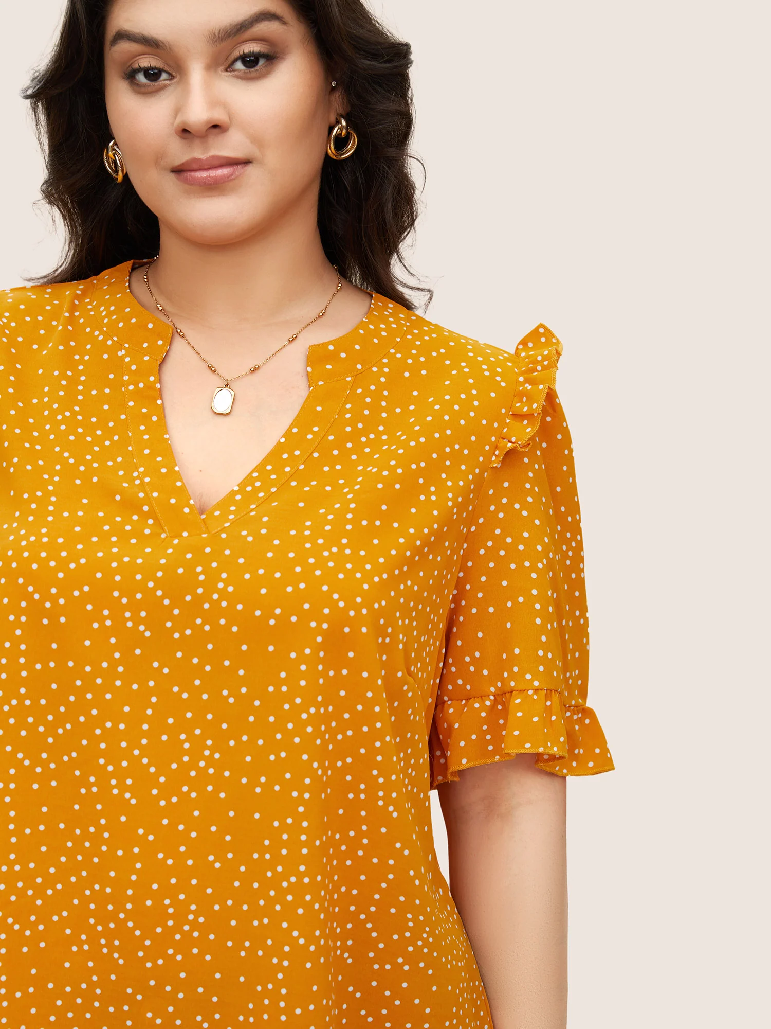 Polka Dot V Neck Ruffle Trim Blouse - Image 10