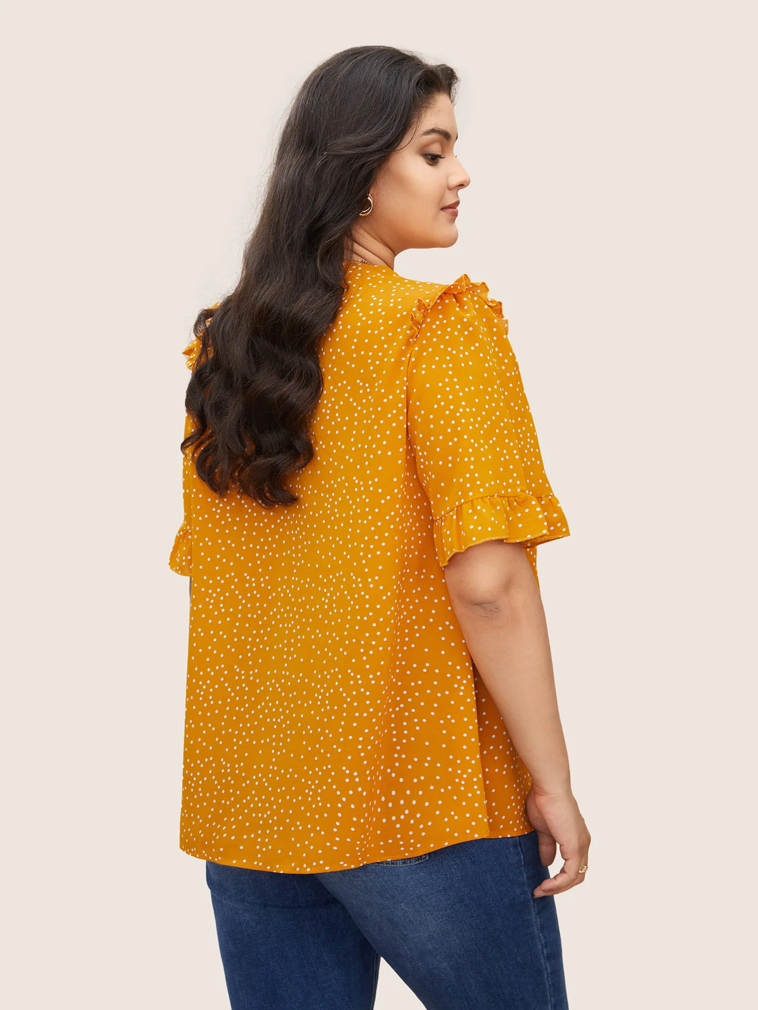 Polka Dot V Neck Ruffle Trim Blouse - Image 11