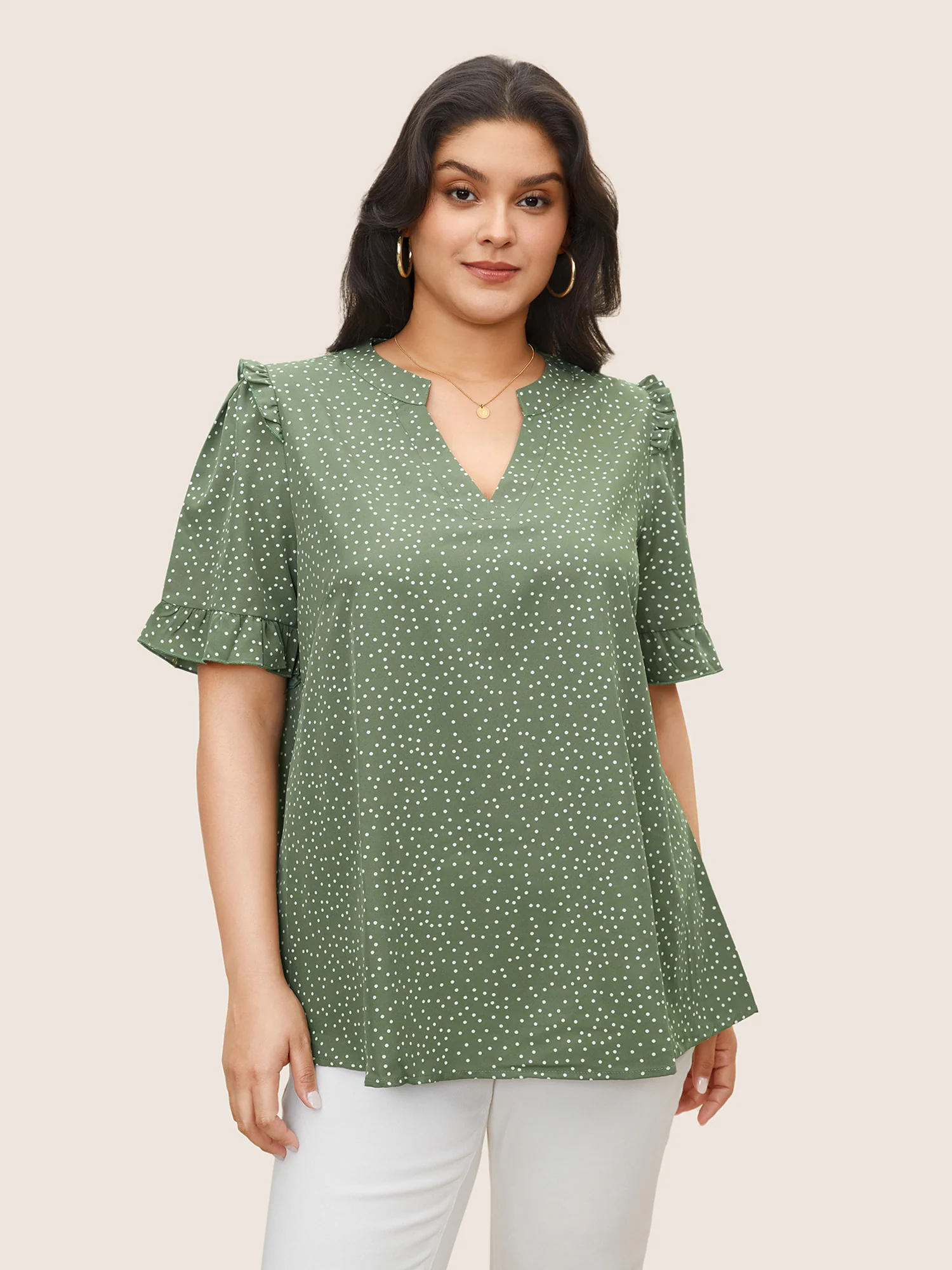 Polka Dot V Neck Ruffle Trim Blouse - Image 12