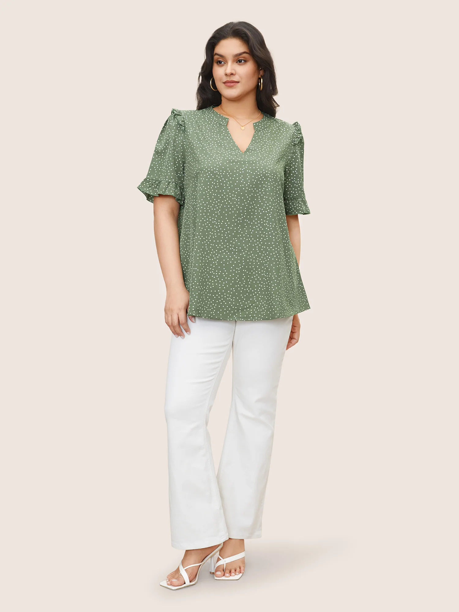 Polka Dot V Neck Ruffle Trim Blouse - Image 13