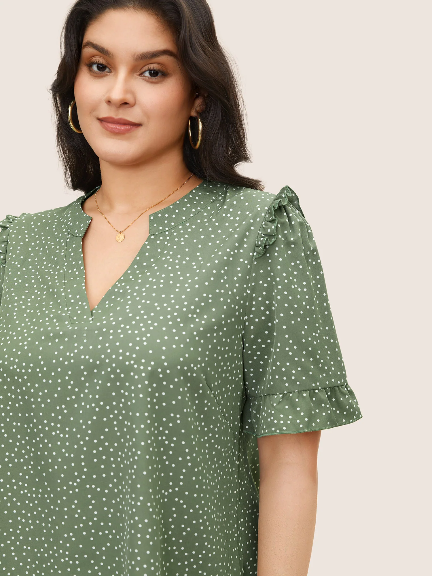 Polka Dot V Neck Ruffle Trim Blouse - Image 14