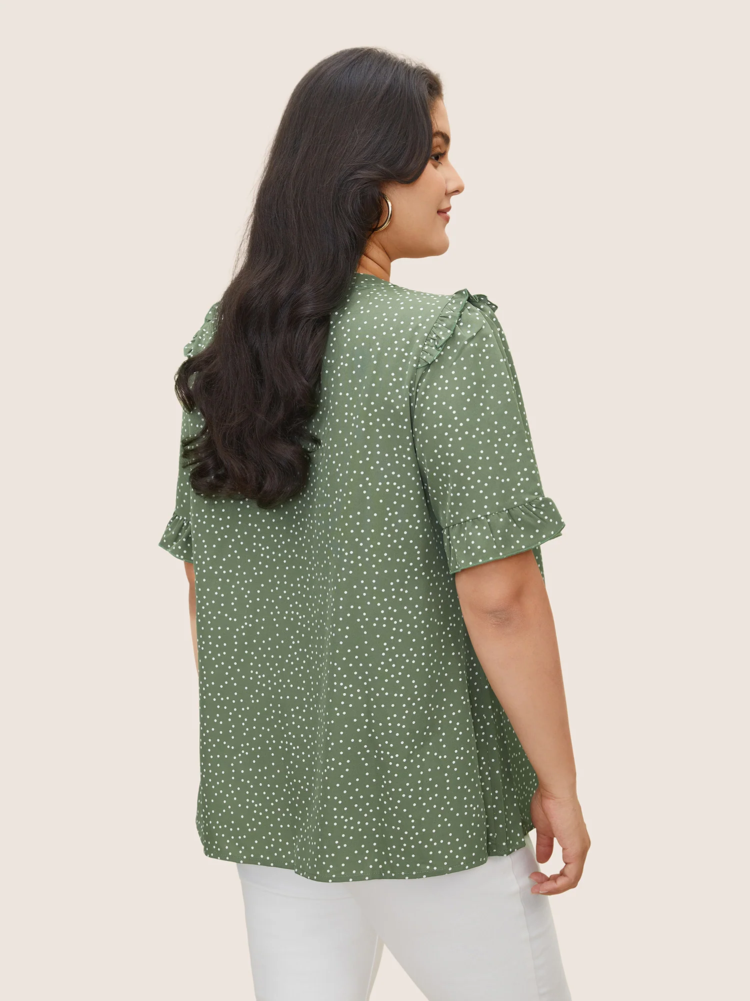 Polka Dot V Neck Ruffle Trim Blouse - Image 15