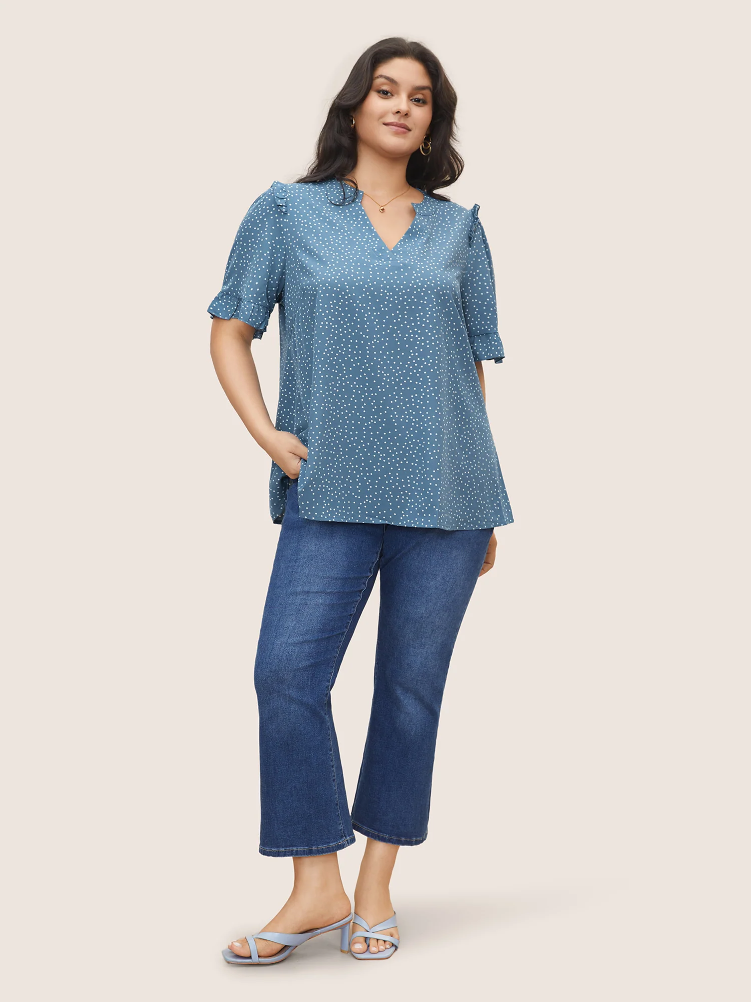 Polka Dot V Neck Ruffle Trim Blouse - Image 2
