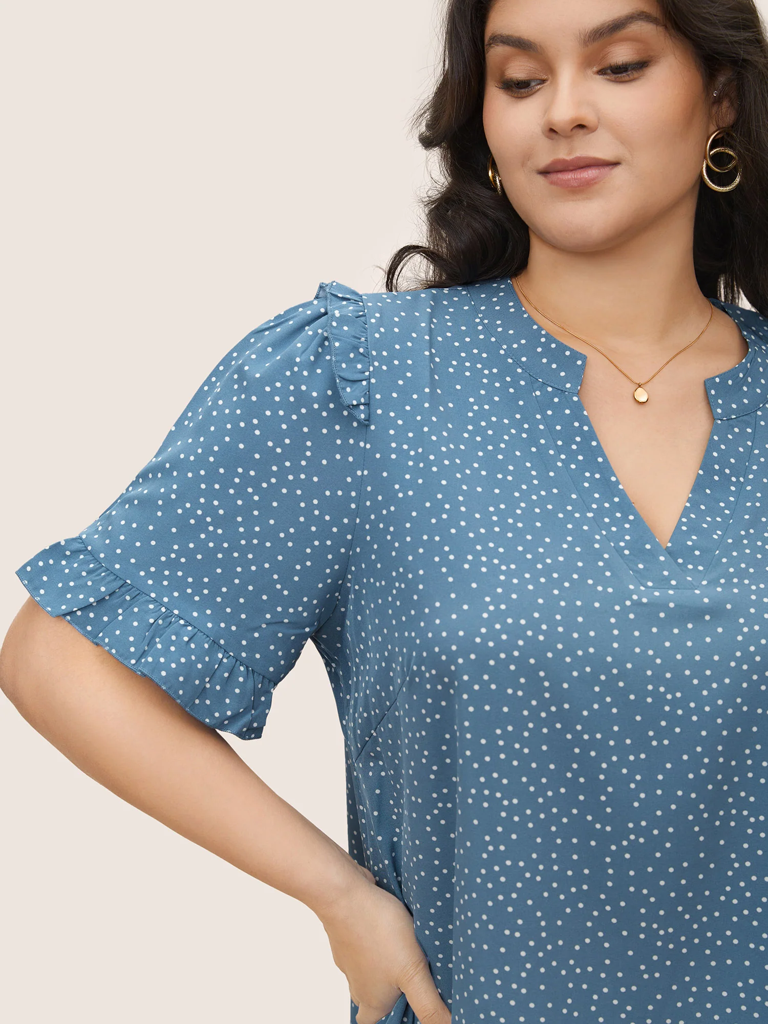 Polka Dot V Neck Ruffle Trim Blouse - Image 3
