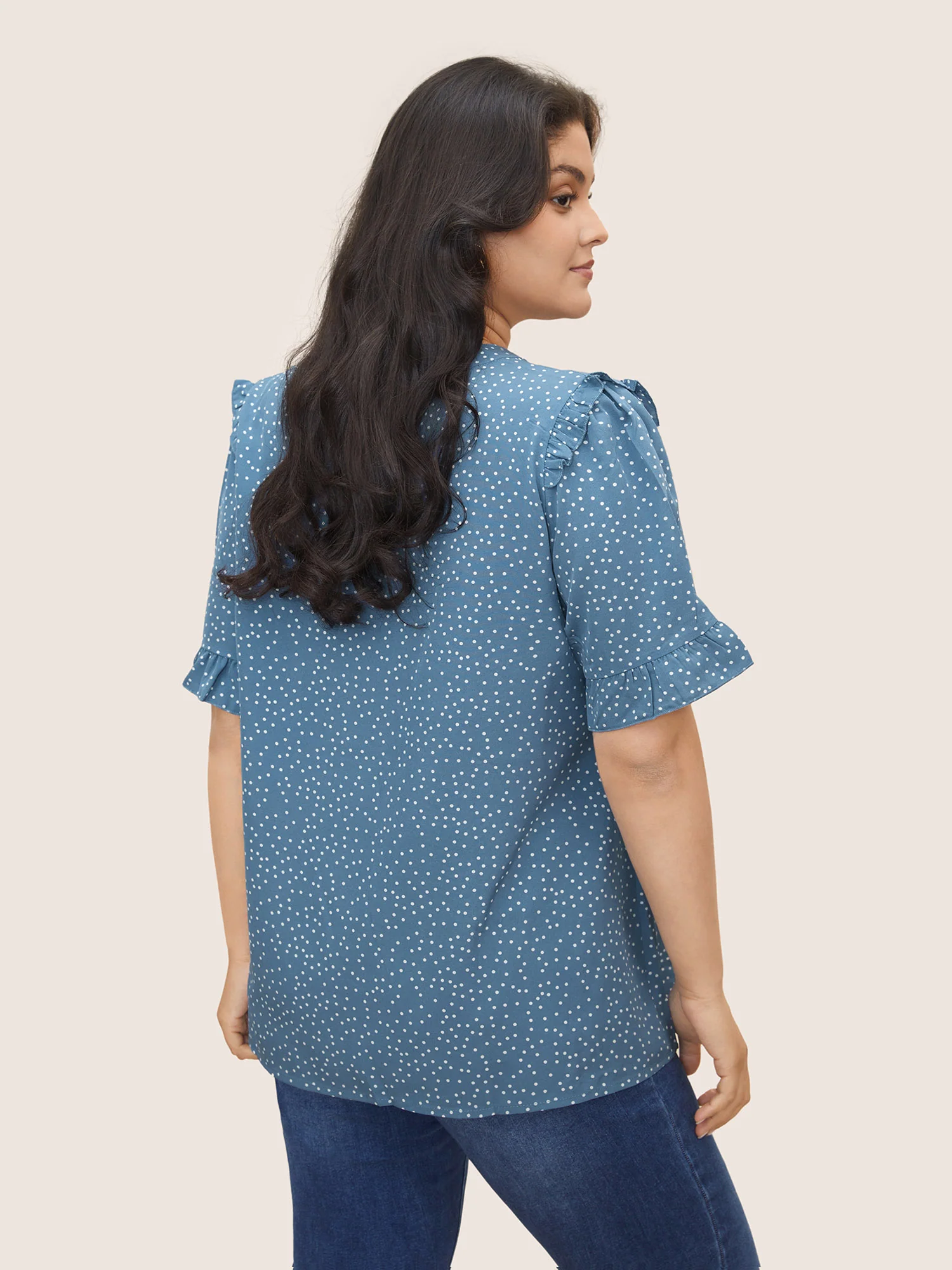 Polka Dot V Neck Ruffle Trim Blouse - Image 4