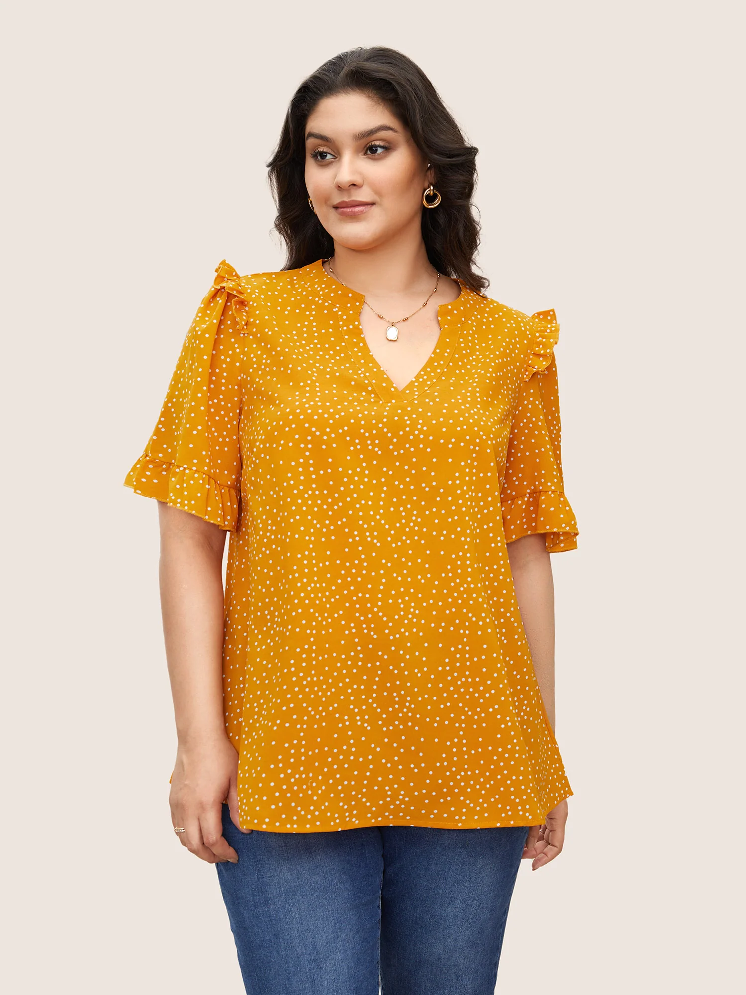 Polka Dot V Neck Ruffle Trim Blouse - Image 8