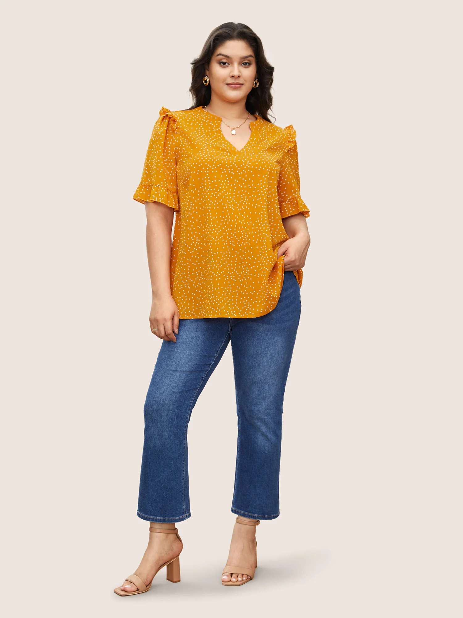 Polka Dot V Neck Ruffle Trim Blouse - Image 9