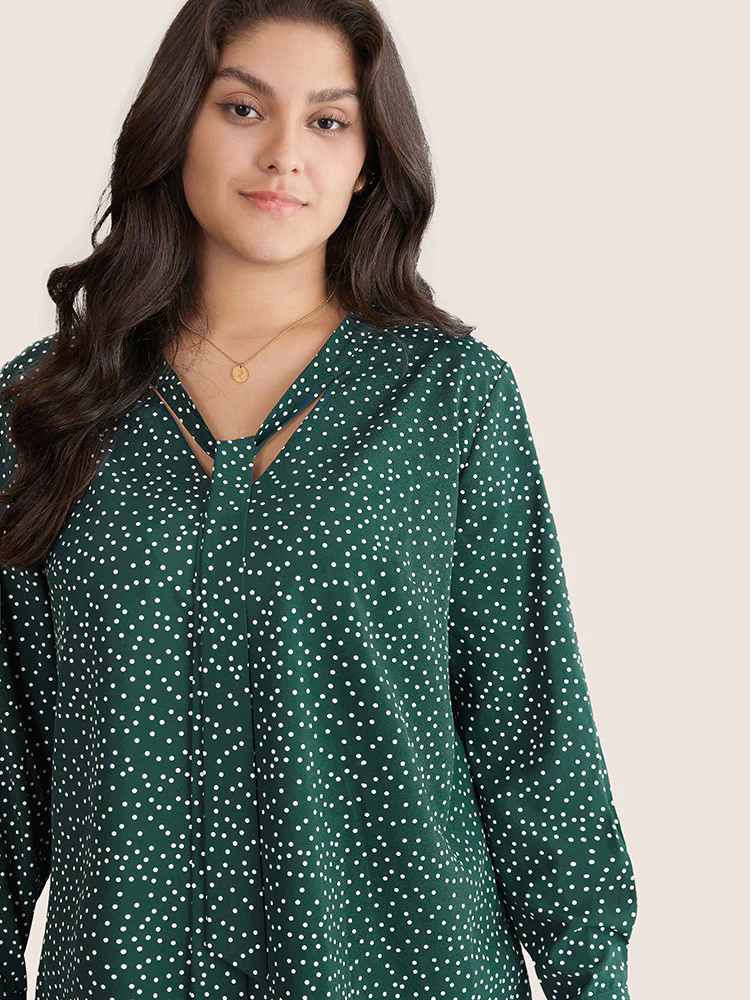 Polka Dot V Neck Ties Knot Blouse - Image 3