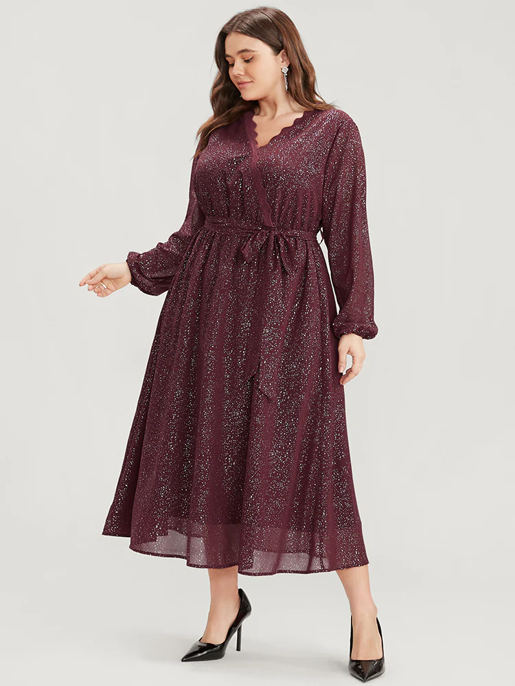 Polka Dot Wrap Lace Trim Lantern Sleeve Pocket Belted Dress - Image 3