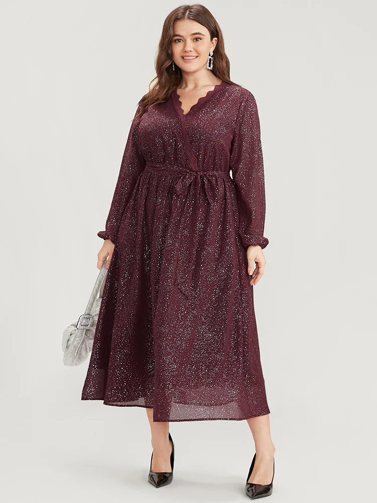 Polka Dot Wrap Lace Trim Lantern Sleeve Pocket Belted Dress - Image 4