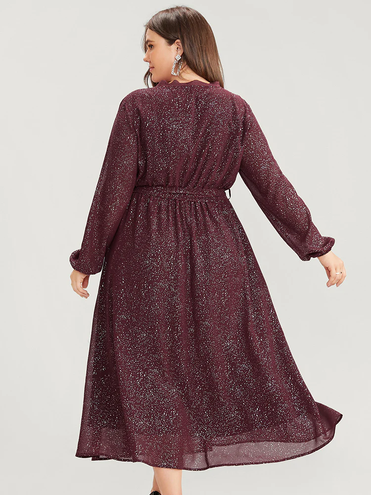Polka Dot Wrap Lace Trim Lantern Sleeve Pocket Belted Dress - Image 5