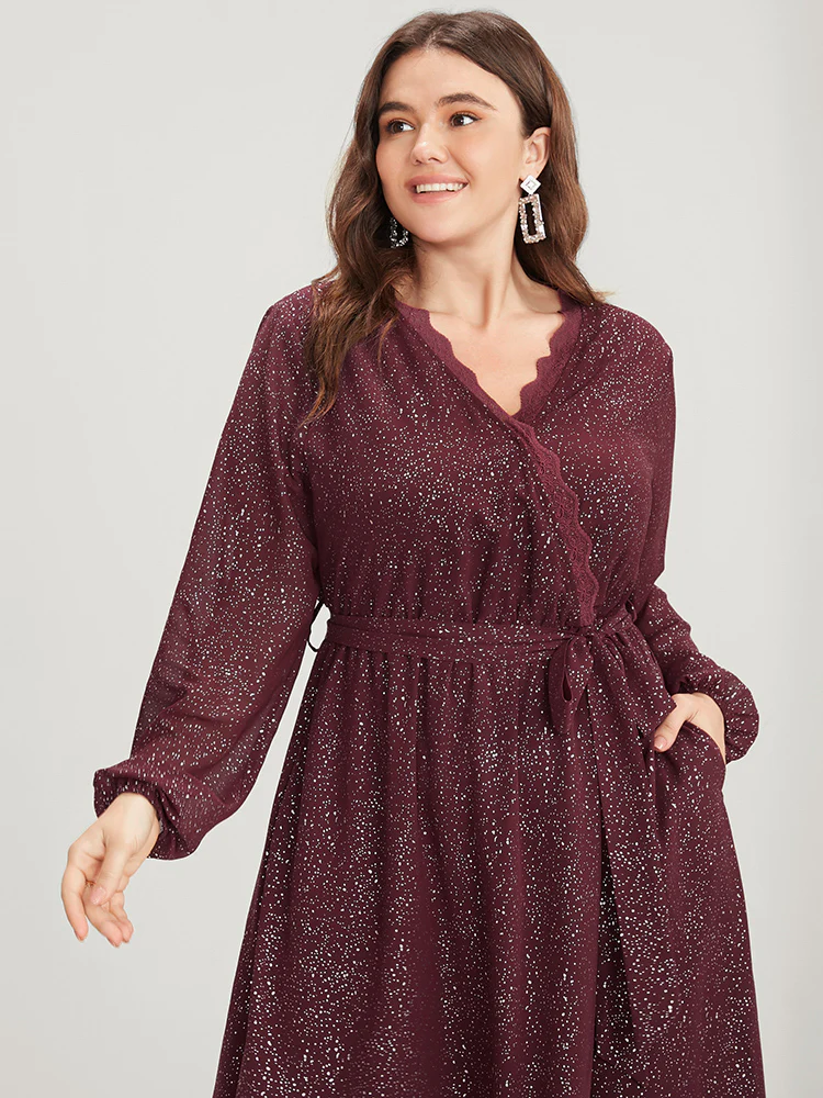 Polka Dot Wrap Lace Trim Lantern Sleeve Pocket Belted Dress - Image 6