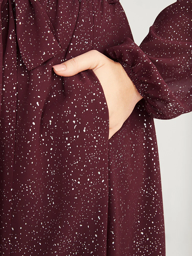 Polka Dot Wrap Lace Trim Lantern Sleeve Pocket Belted Dress - Image 7