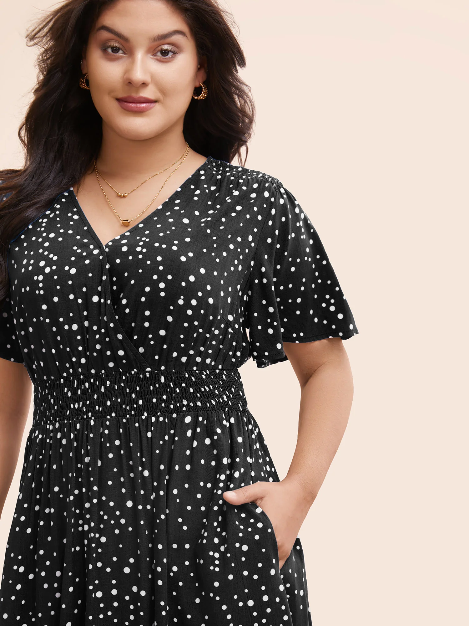 Polka Dot Wrap Pocket Shirred Ruffle Sleeve Dress - Image 10