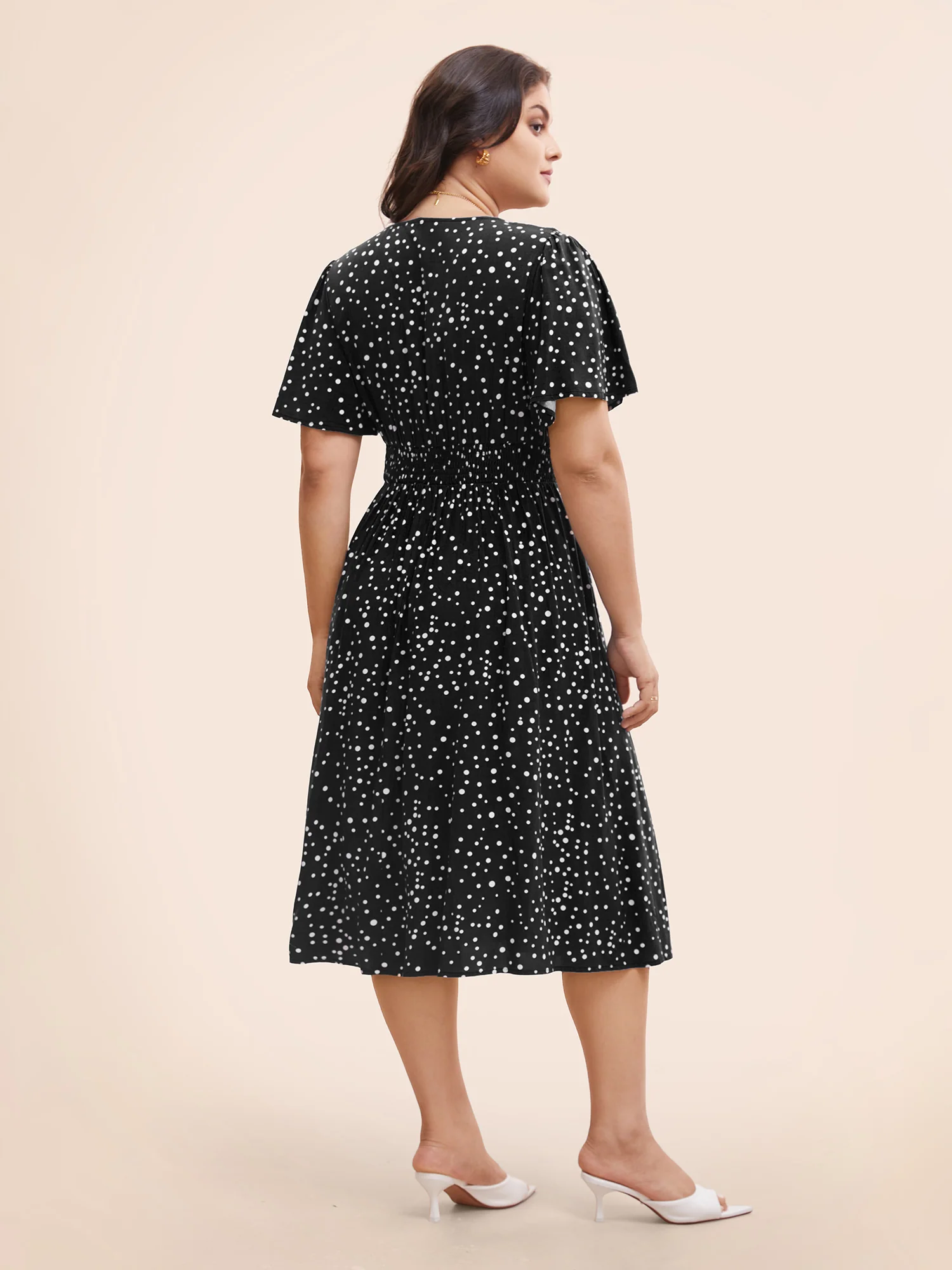Polka Dot Wrap Pocket Shirred Ruffle Sleeve Dress - Image 11