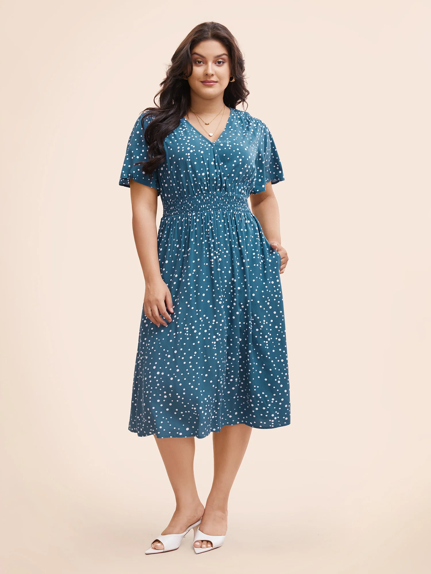 Polka Dot Wrap Pocket Shirred Ruffle Sleeve Dress - Image 2