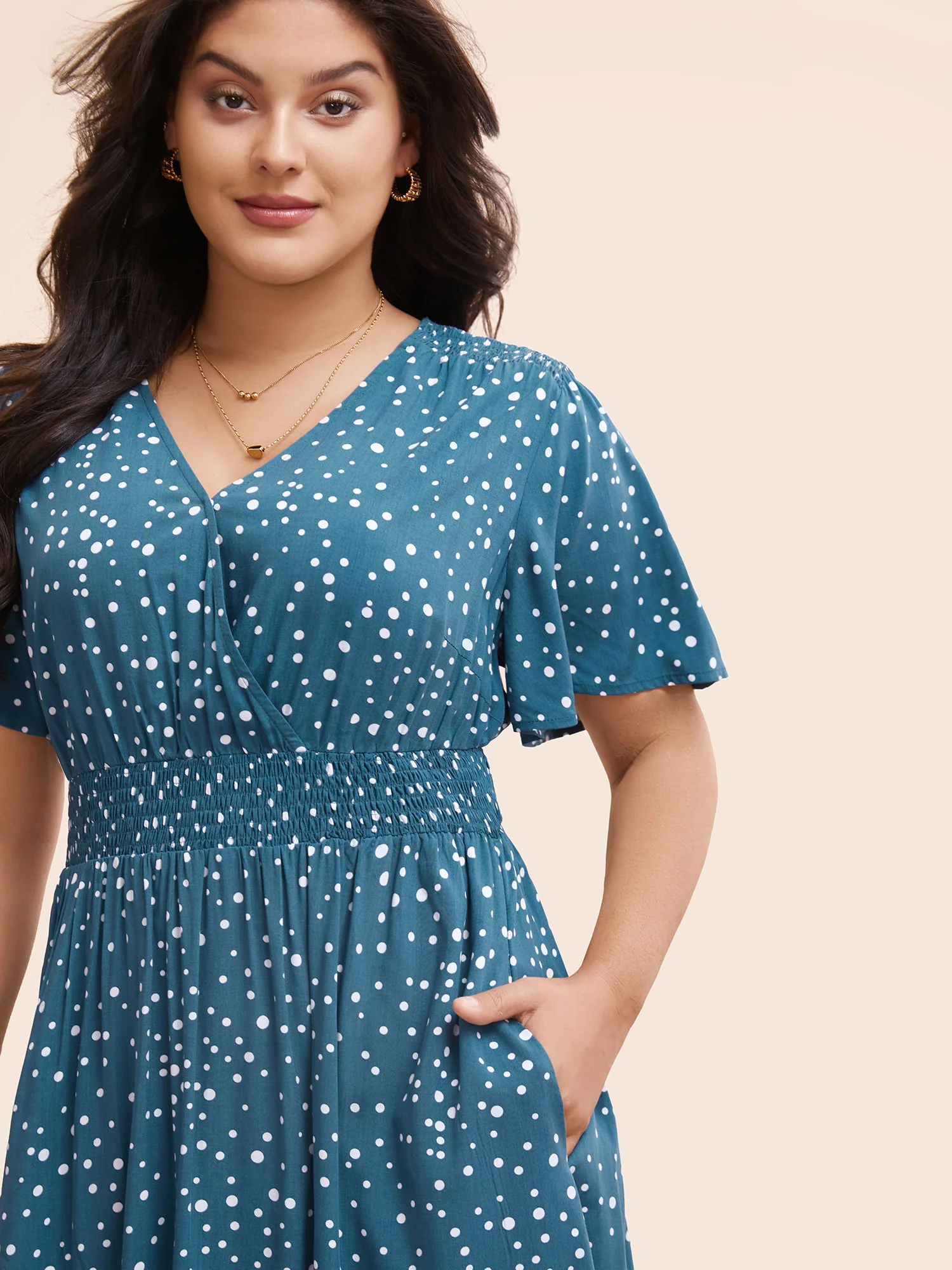 Polka Dot Wrap Pocket Shirred Ruffle Sleeve Dress - Image 3